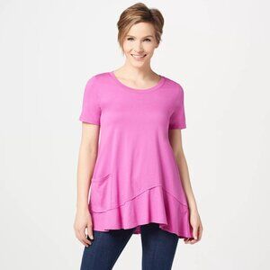 LADIES SIZE L LORI GOLDSTEIN LOGO PINK SHORT SLEEVE ASYMETRICAL TUNIC TOP SHIRT